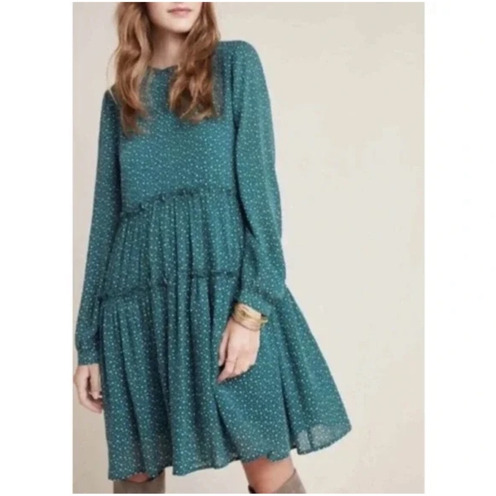 H13 Maeve Anthropologie Women's Esther Tiered Tunic Dress in Green